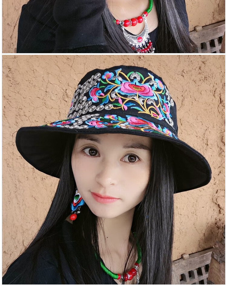 择信民族风刺绣花女士渔夫帽四季遮阳盆帽户外沙滩帽透气休闲平顶帽子
