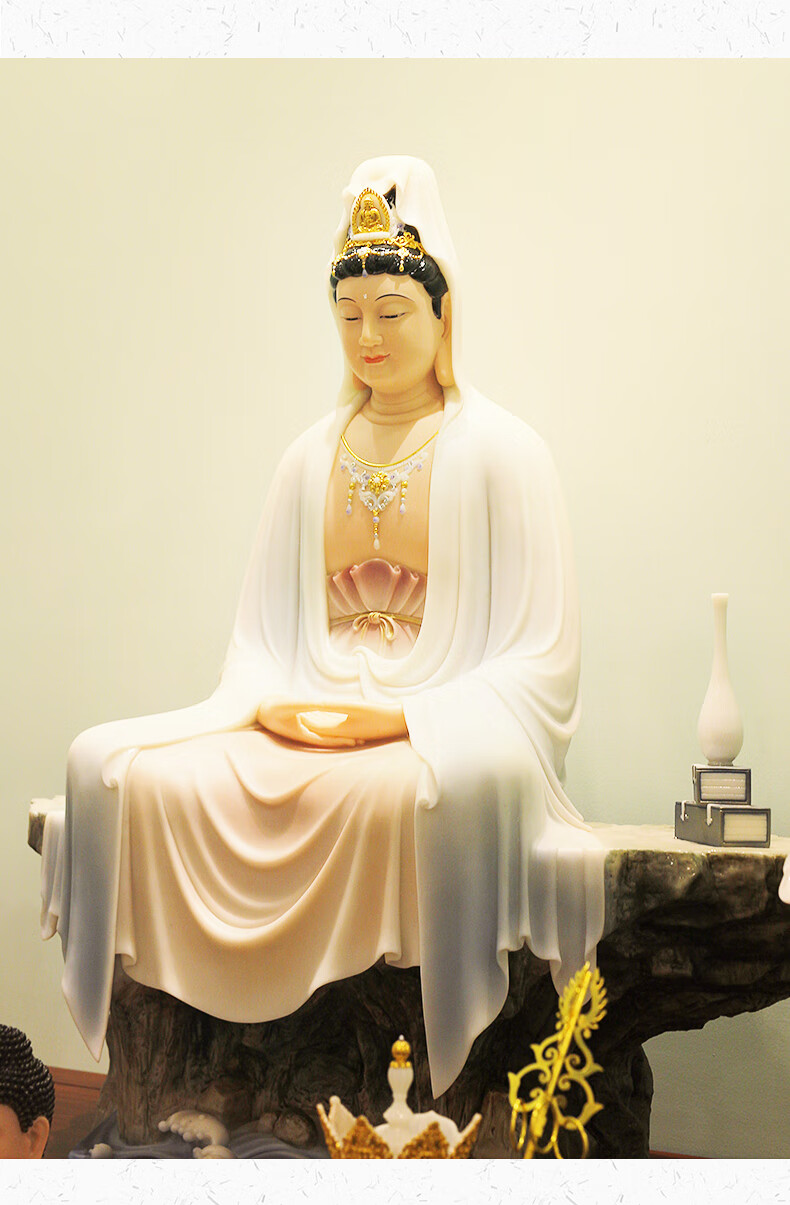汉白玉观世音菩萨佛像摆件居家供奉神像观音像善财童子龙女玉石像