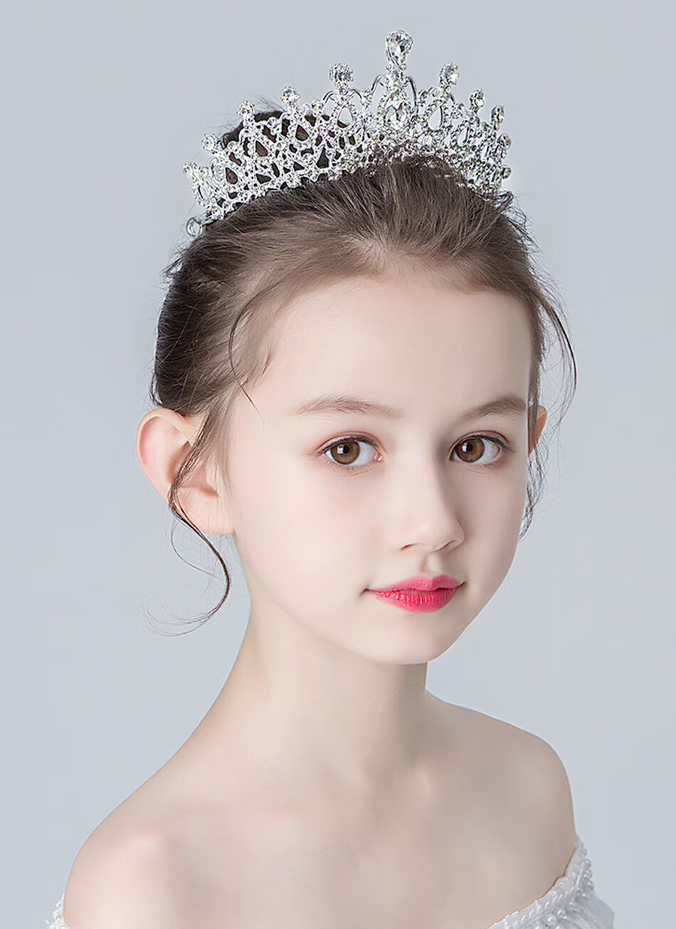 白水晶皇冠韩版儿童发饰公主头饰舞台表演水钻小王冠女童发梳发箍 银