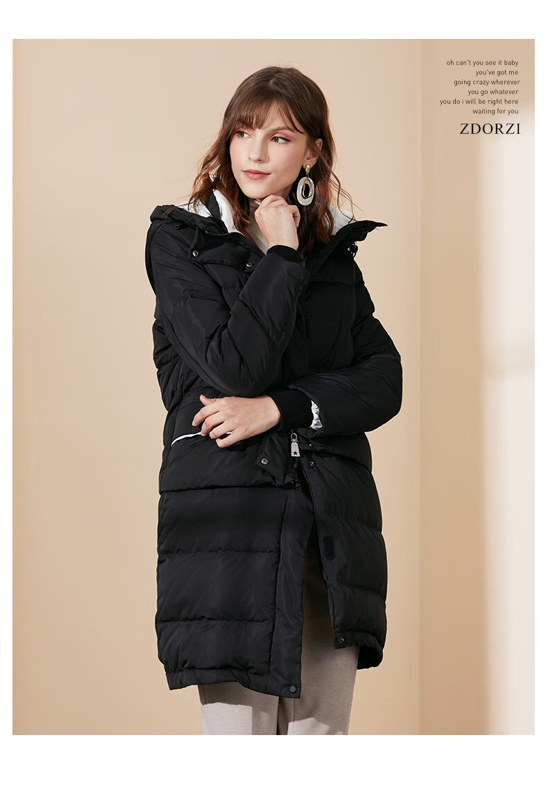 染色zorzi卓多姿黑色鸭绒羽绒服女冬季新款简约连帽直筒保暖外套中长