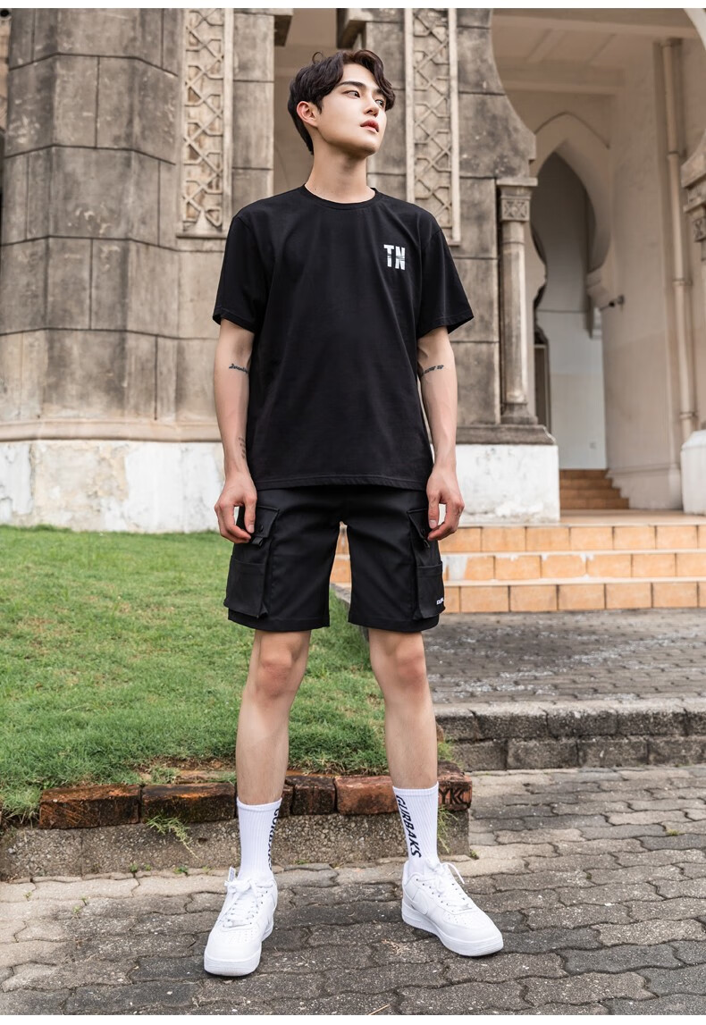 古克春夏季短袖t恤男潮白色半袖纯色ins宽松港风潮牌潮流上衣 黑色 m