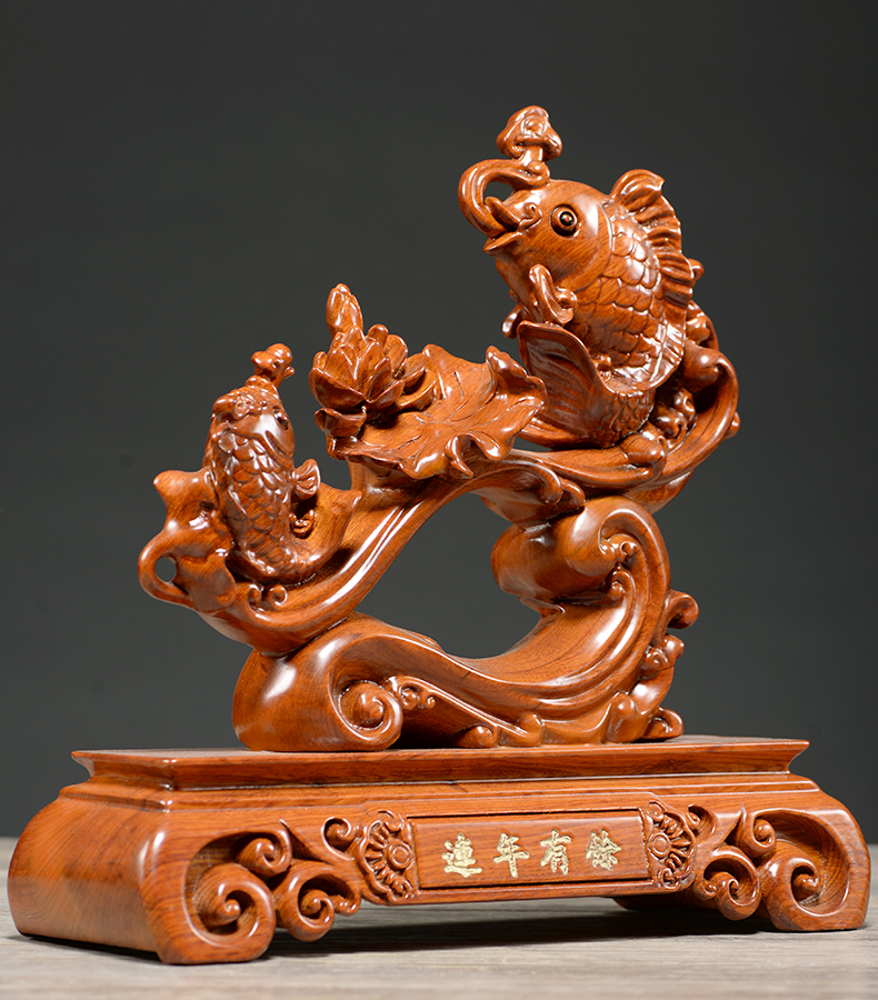 华禧顿 花梨木雕连年有余雕刻年年有余装饰实木红木摆件新店玄关公司