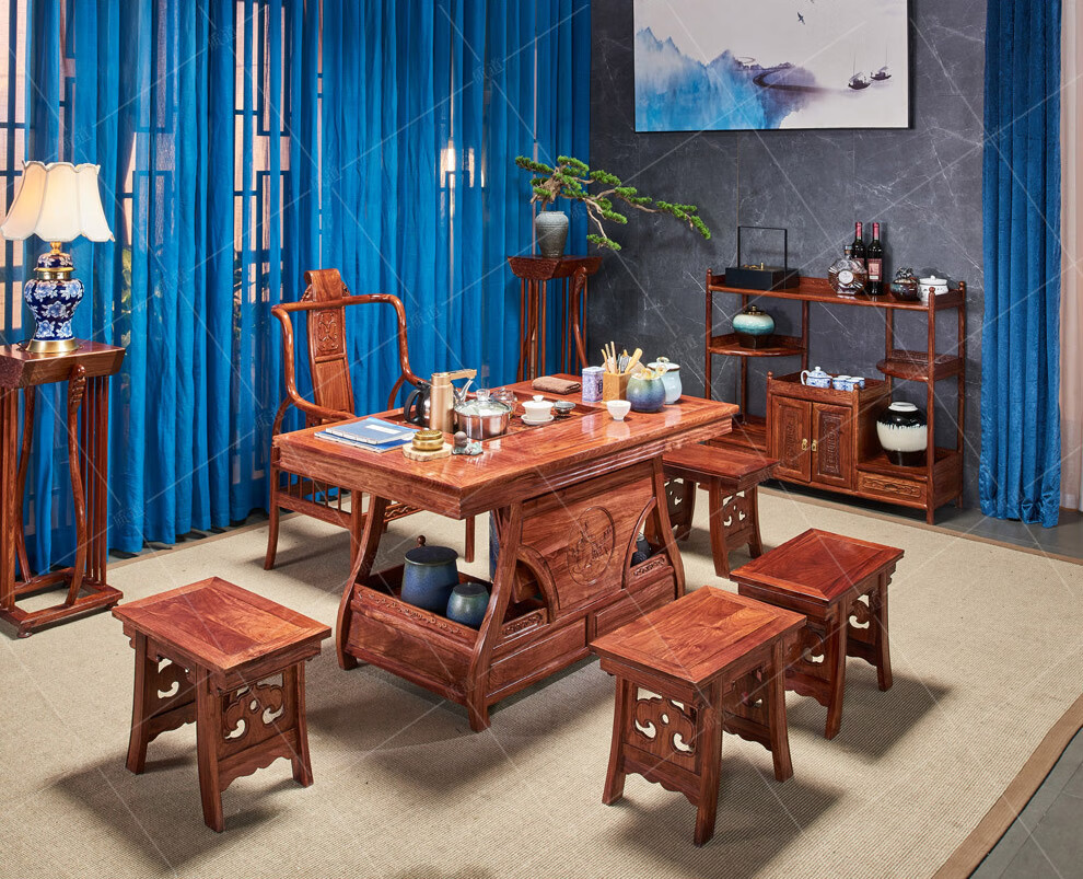 质道 红木家具 非洲花梨(学名:刺猬紫檀)茶桌 实木茶桌椅组合新中式