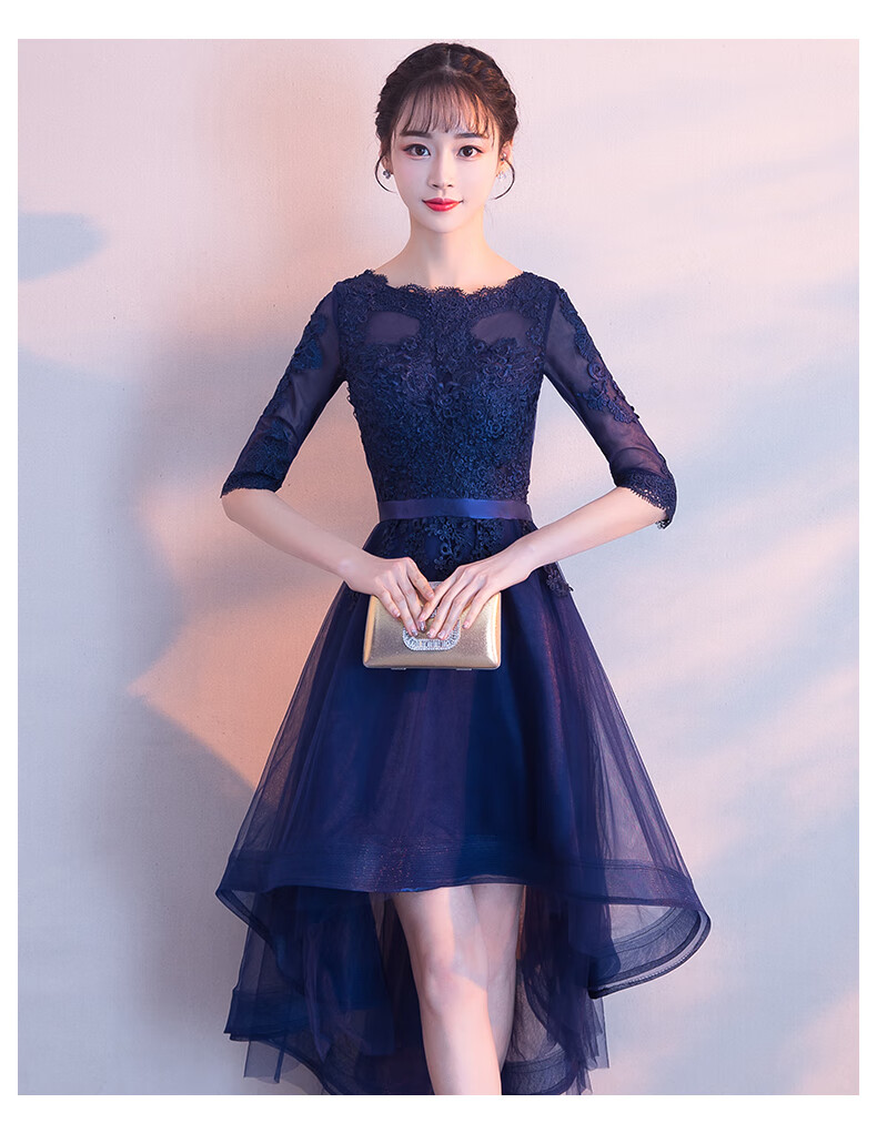 生日礼服毕业典礼裙法式复古气质伴娘服主持人服晚宴服高端蓝色晚礼服