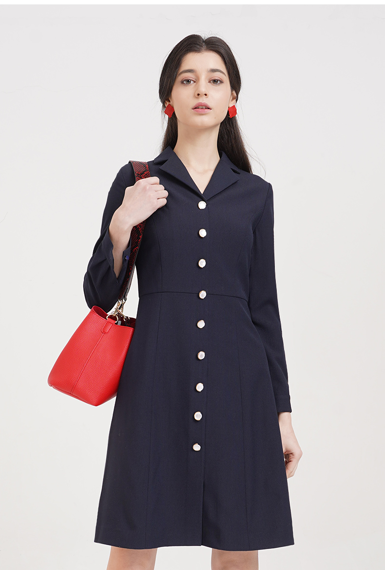 laviniaclub拉维妮娅2020春款纯色收腰翻领连衣裙r201lq40s藏蓝m