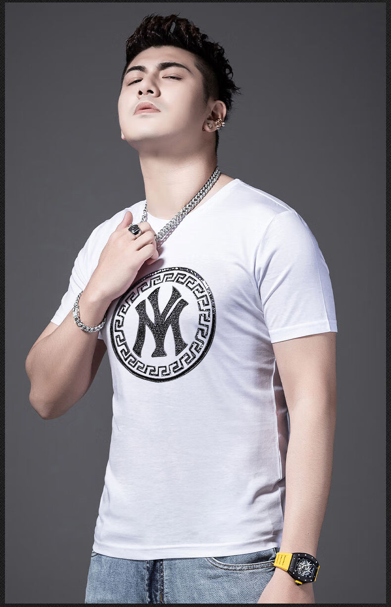 hteec香港潮牌丝光棉短袖t恤男刺绣图案夏季修身潮流型男衣服体恤打底