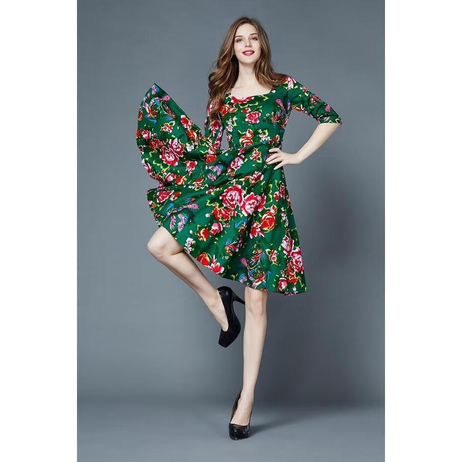 2022春秋新款东北大花布民族风棉麻连衣裙夏修身中长款大摆裙子红色s