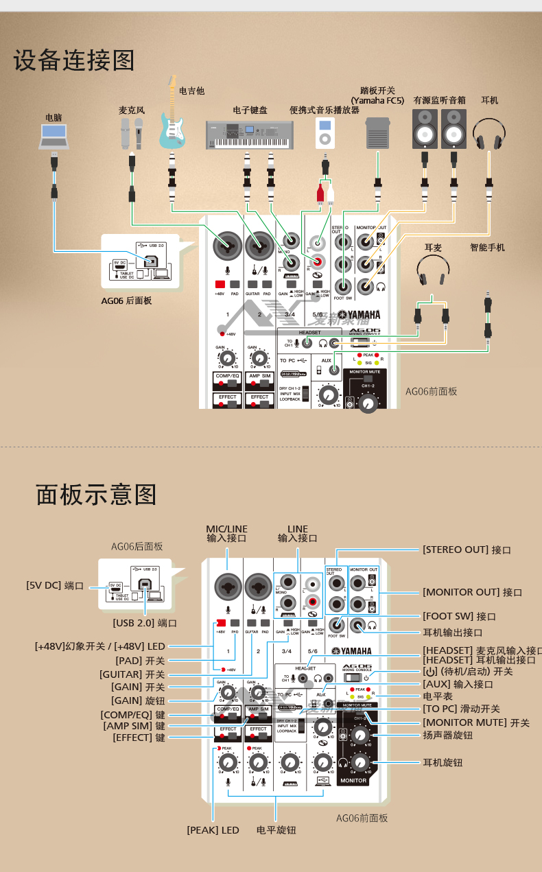 雅马哈yamahaag03ag06usb录音k歌混音声卡网络直播带声卡调音台ag06