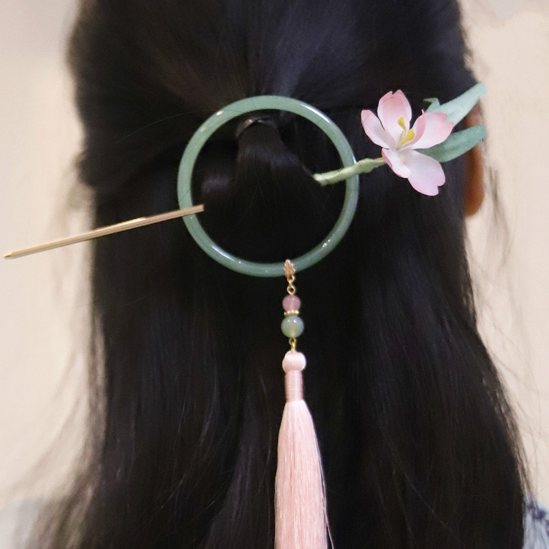 烫花发饰复古风发簪流苏发环汉服后压头饰女芊叶桃流苏后压一组现货