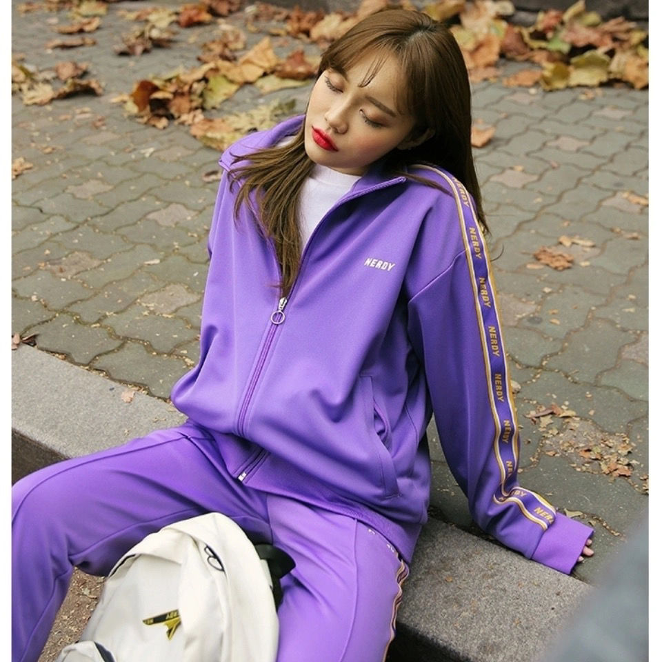 韩国潮牌nerdy字母串标运动服男女情侣宽松紫色iu同款外套装黑色外套l