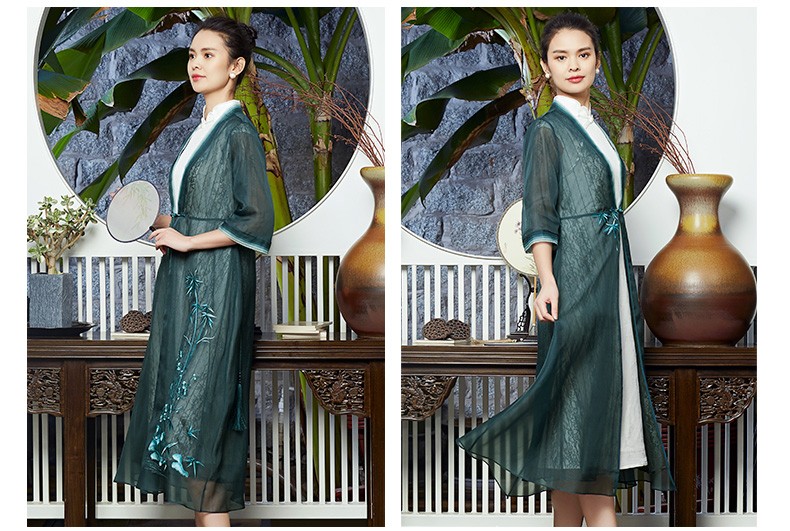 木真了中式女装2020春新款桑蚕丝竹叶刺绣民族风风衣女中长款 916 10