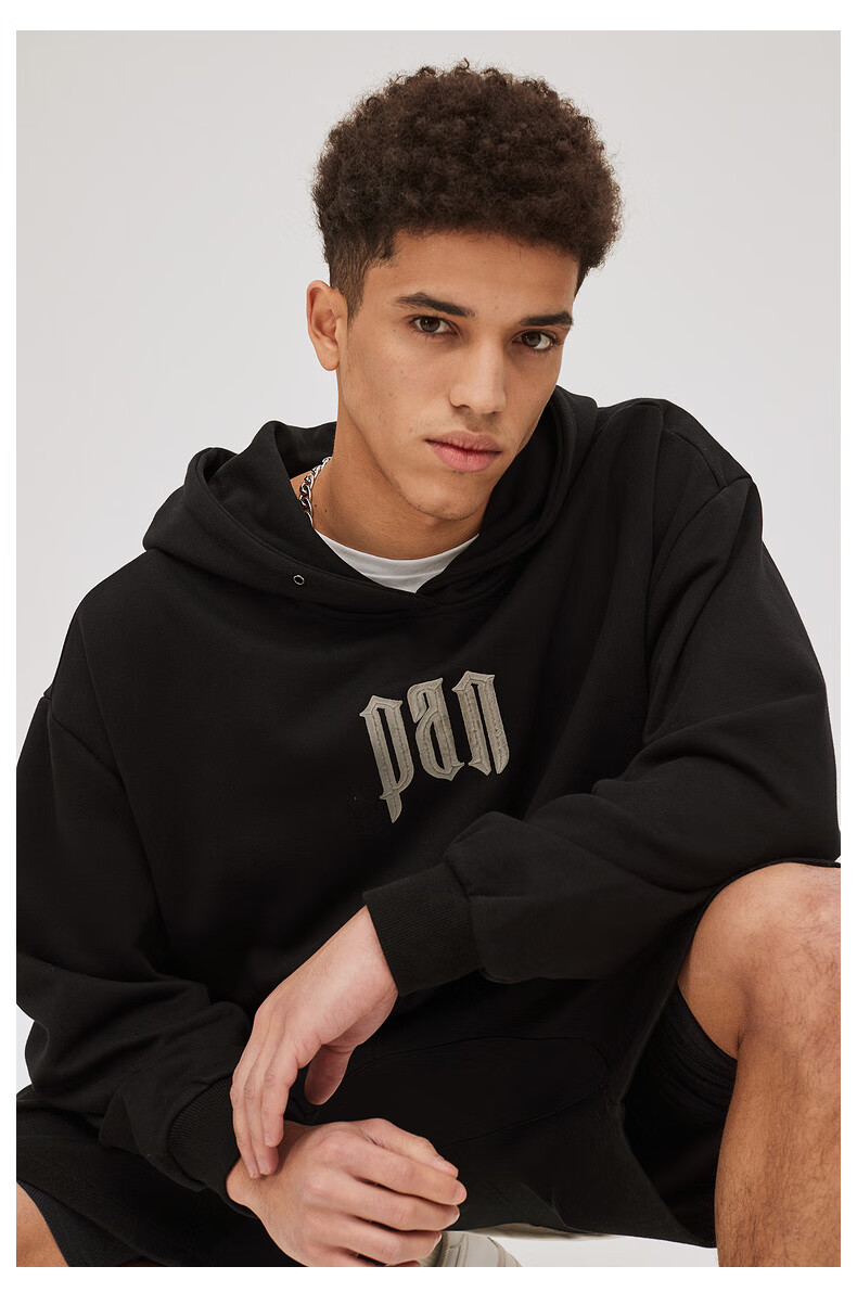 panmax字母套头卫衣男大码时尚百搭春季连帽简约衣服高街宽松上衣驼色