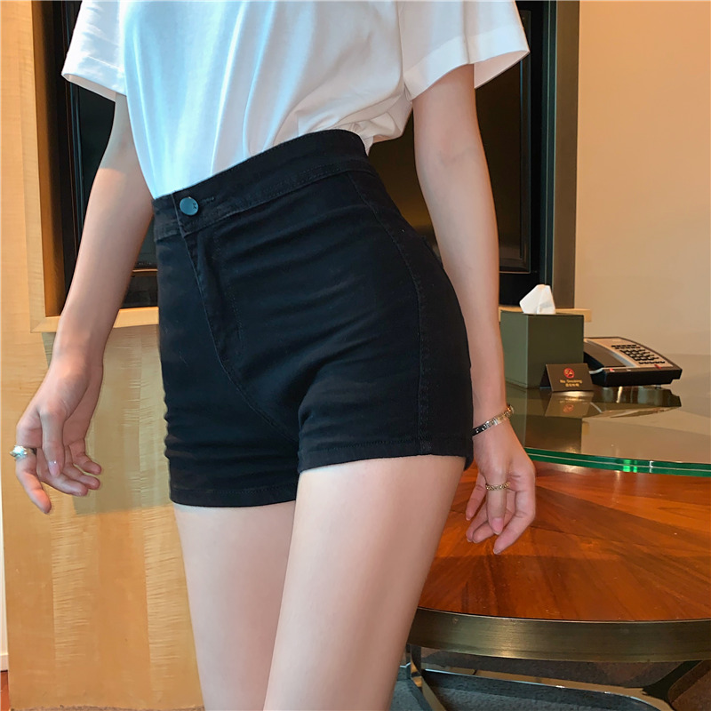 网红弹力牛仔短裤女高腰修身显瘦紧身热裤 黑色 s