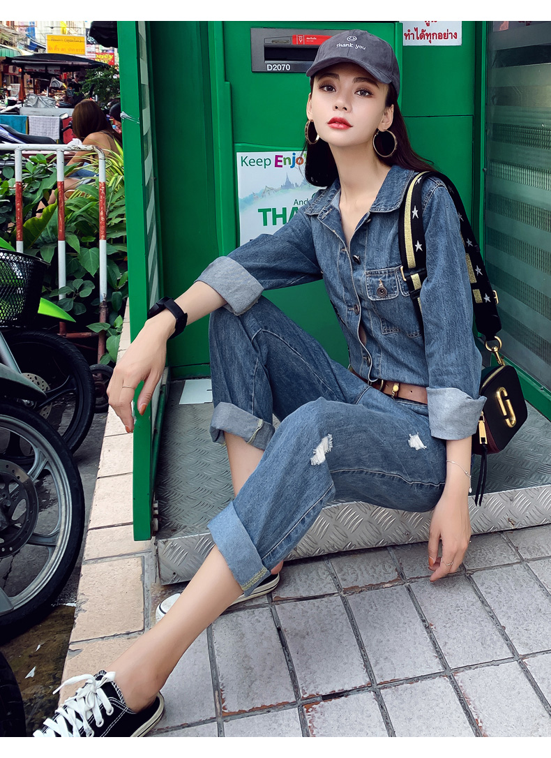 款牛仔连体裤女2019显瘦破洞刺绣小个子连衣裤九分裤潮休闲潮 牛仔蓝