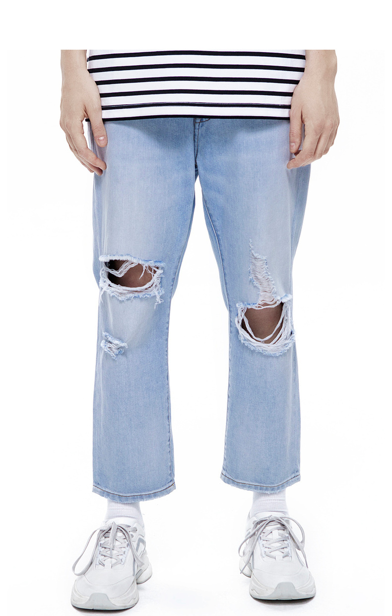 卡宾男装春夏浅蓝色破洞中高腰直筒休闲牛仔裤街头潮流青年长裤f 天蓝