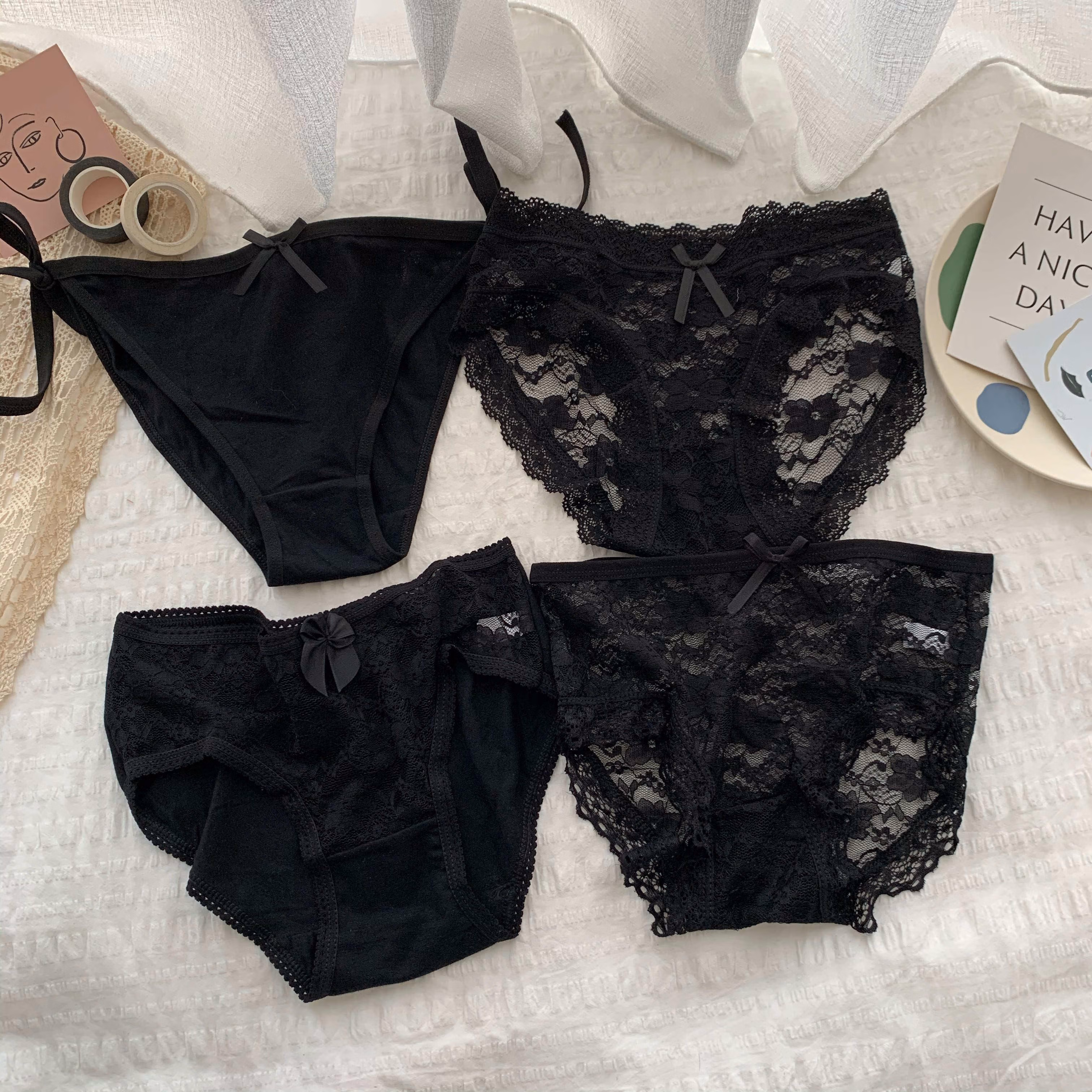 2020新款韩版性感蕾丝蝴蝶结网纱百搭短裤三角裤4条装 黑色蕾丝四条装