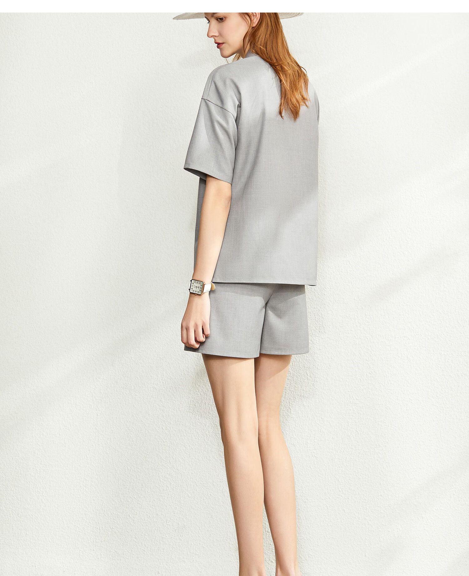 amii elin极简工装潮chic套装女2020春新款落肩袖双排扣衬衫裤裙两件