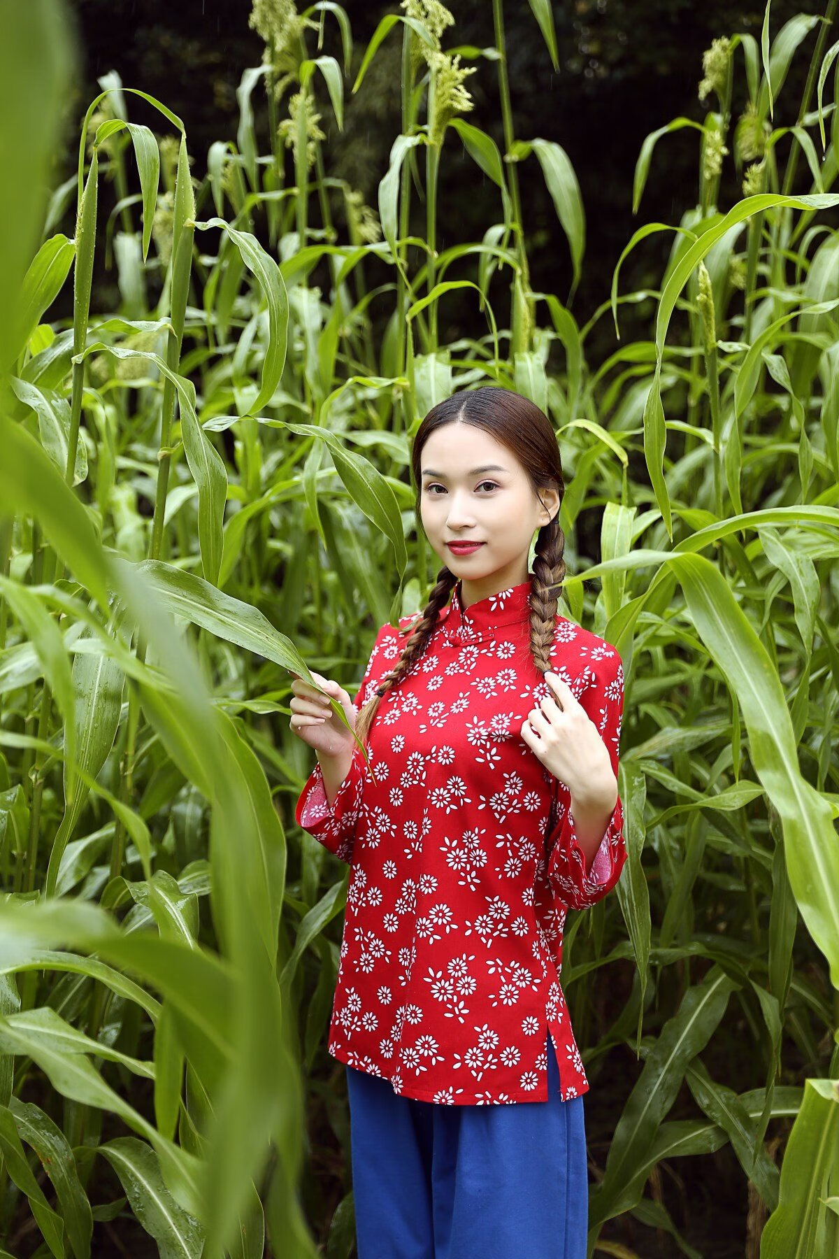 秉藜 阿庆嫂演出服村姑服装女棉碎花衣服乡村风怀旧服装村姑农村衣服