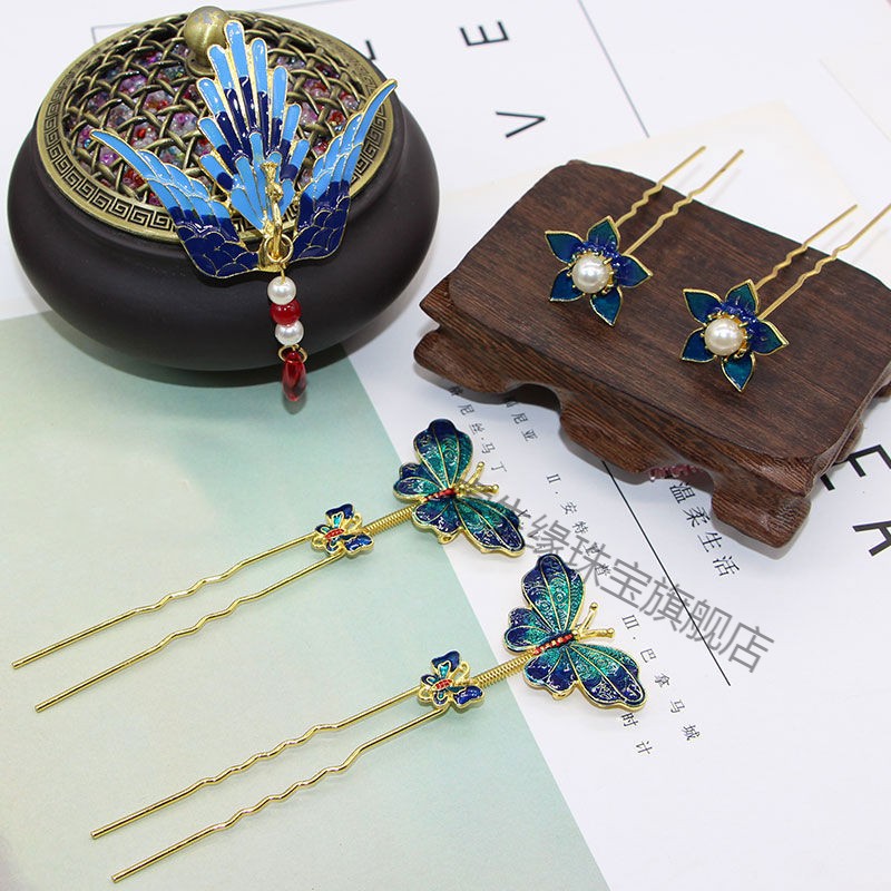 景泰蓝发簪四件套保色烧蓝流苏步摇唐风敦煌明制古风雕花饰品全套粉色