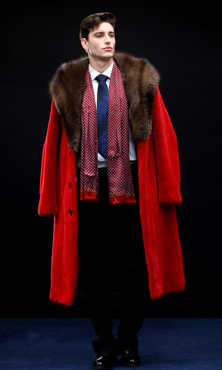 七匹狼宝嘉美貂皮整貂皮大衣男进口宝嘉美天鹅绒渔貂毛披肩帽中国红