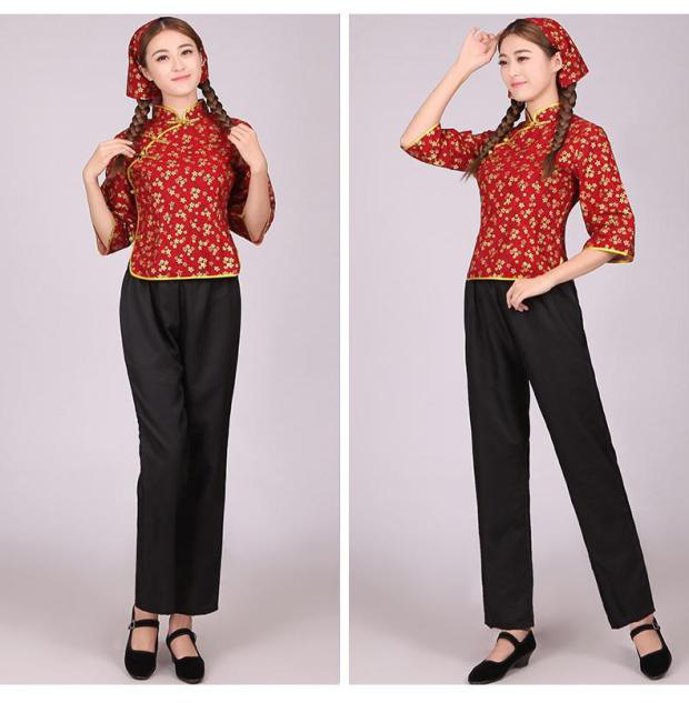 婚礼中国风大码衣服舞蹈服长袖服装女人村姑抖音东北伴娘服 白底粉花