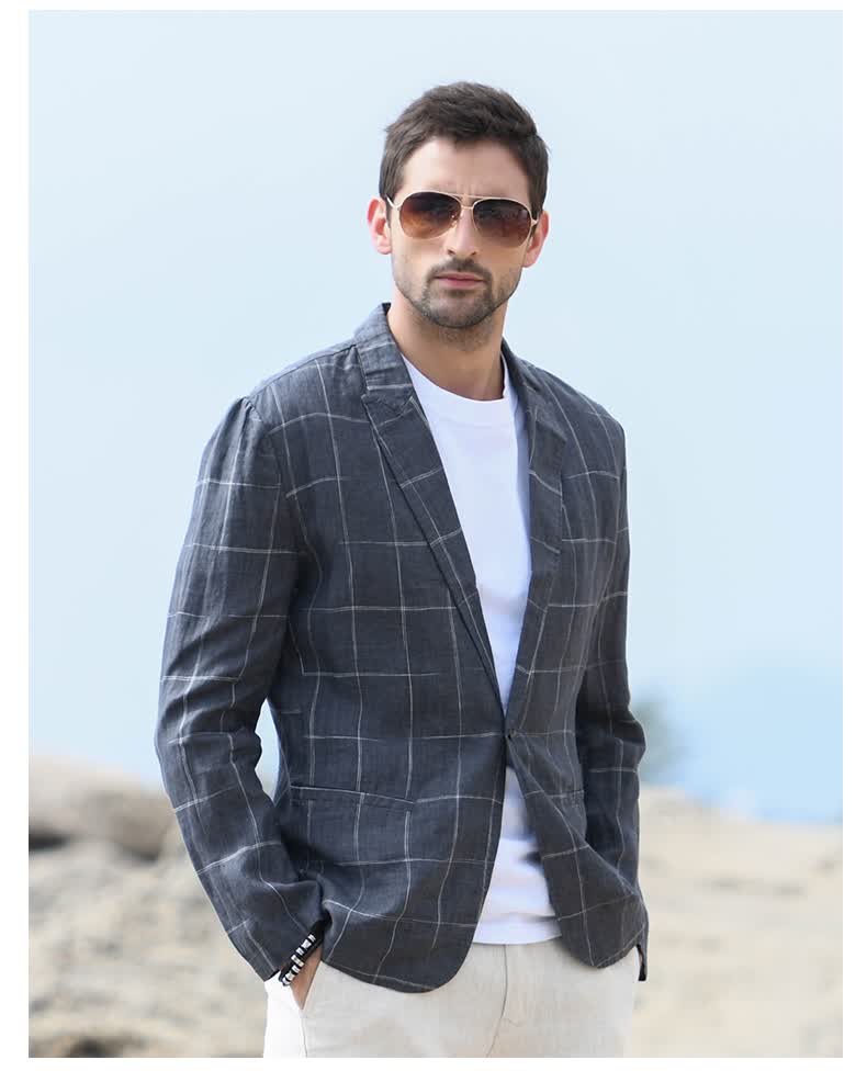 mafeishifigure轻奢品牌2020格子亚麻小西服男士春款商务休闲西装潮流