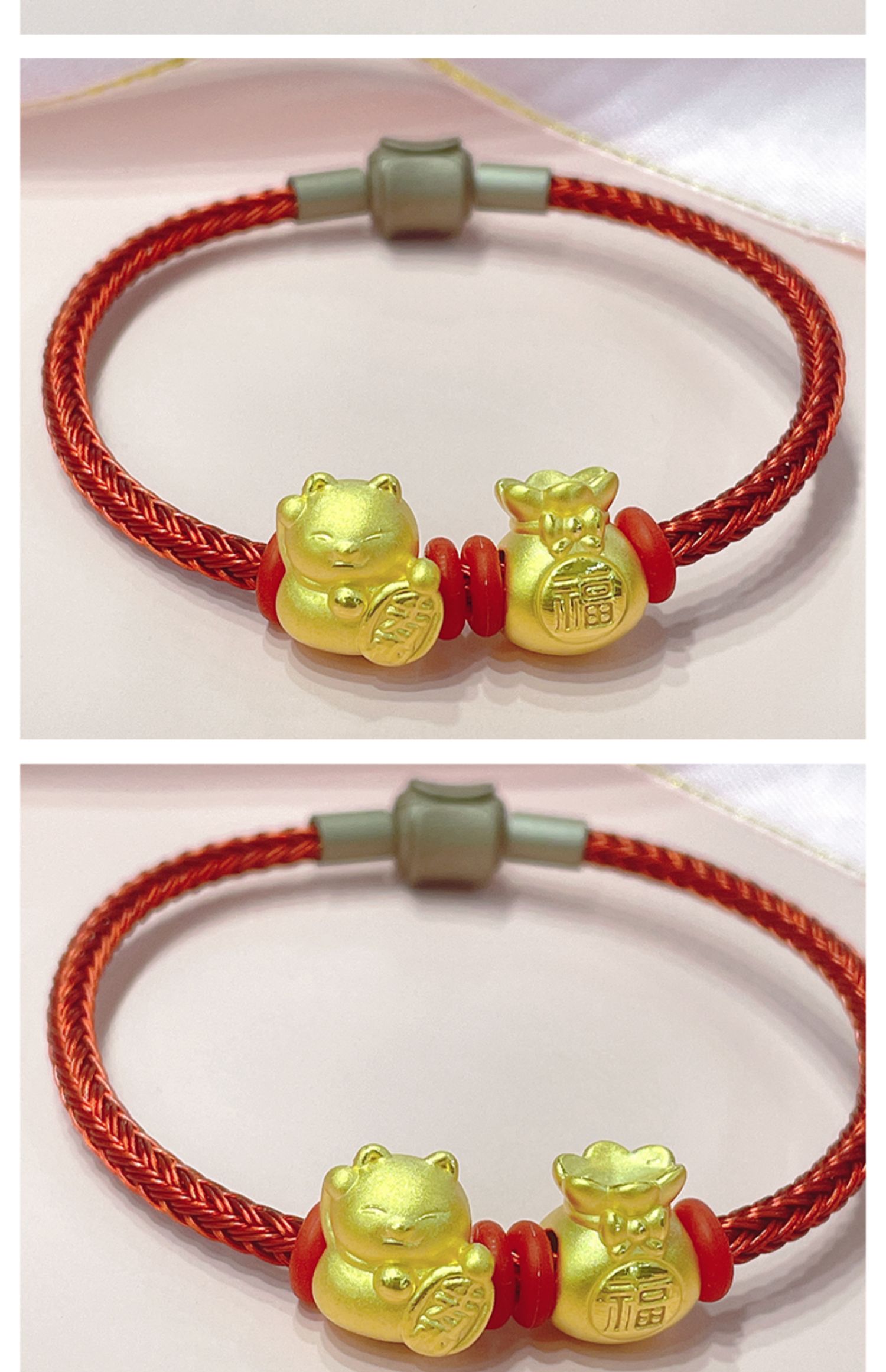 999足金招财猫转运珠黄金手链女本命年3d硬金男大福袋情侣金手串 女士