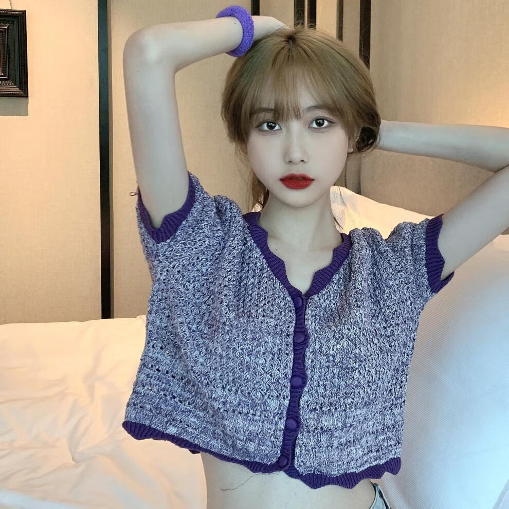 夕薇美夏季新品泫雅bm风短款露脐心机香芋紫色短袖针织衫t恤上衣女配