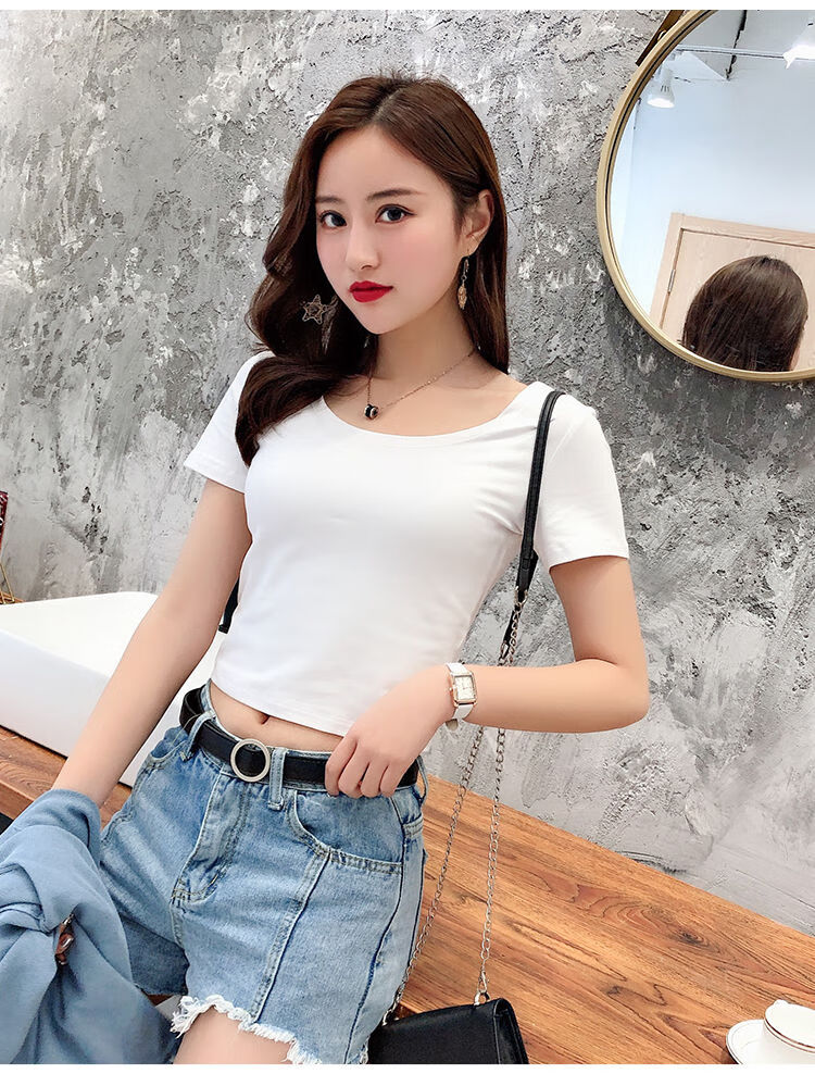 露脐短袖紧身白色t恤女短款夏装修身漏肚脐高腰印花上衣短体恤 小领粉