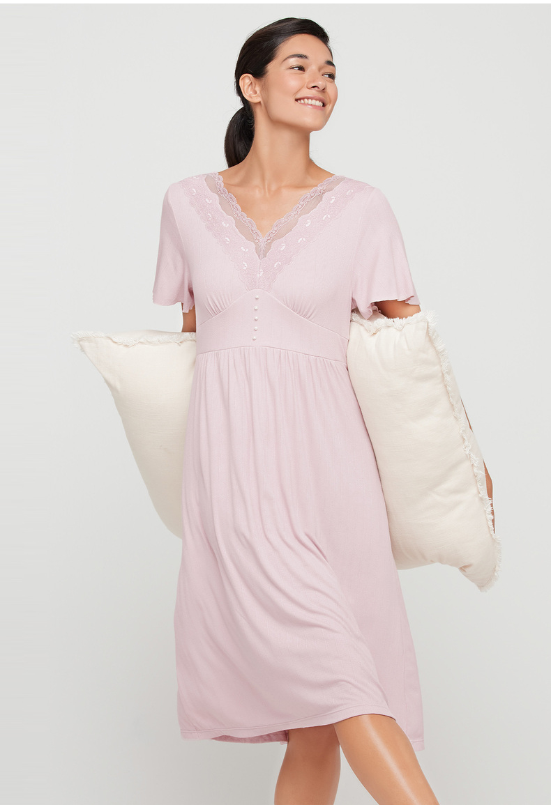 爱慕睡衣女士睡裙家居服春夏新品天使花园v领短袖花边简约气质柔软