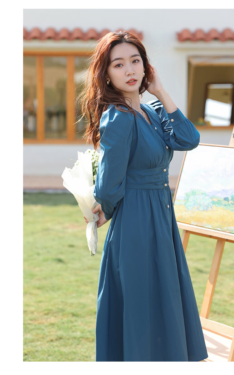 朵以2022春季新款法式收腰连衣裙气质v领泡泡袖珍珠显瘦中长裙女37v