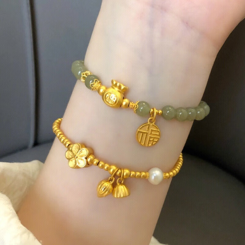 黄金福牌满圈金珠手串生日礼物送女友 黄金福袋福牌和田玉手链【图片