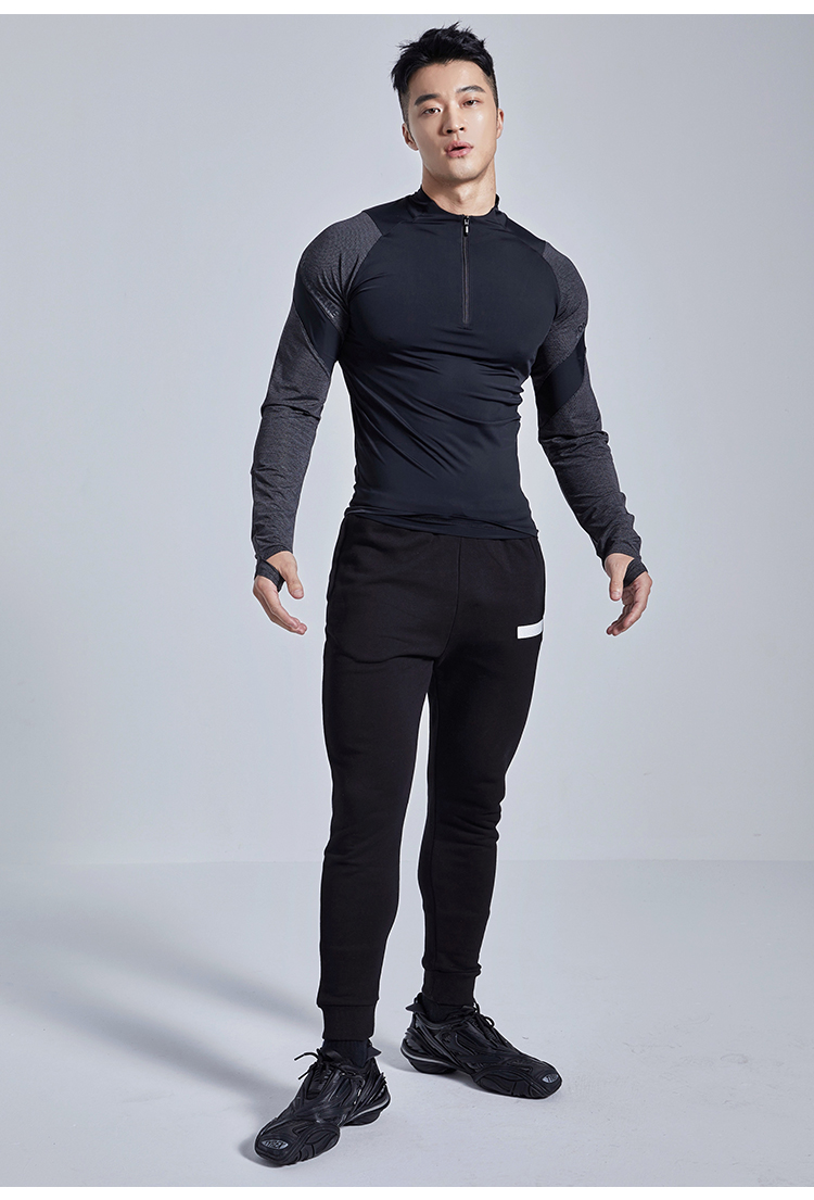 训练服冬季速干长袖t恤体能高弹力紧身衣运动健身衣服男士上衣黑色s