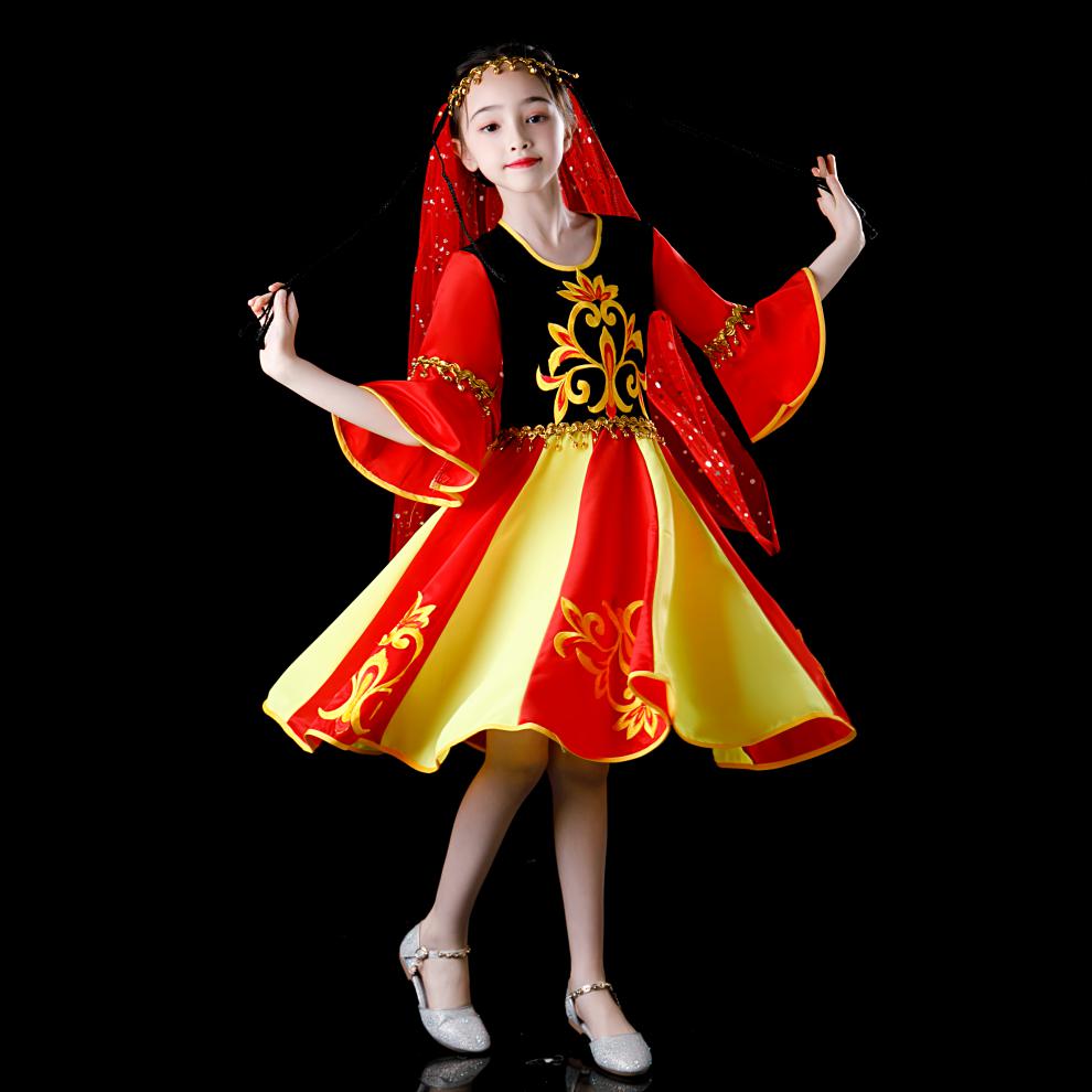 儿童新疆舞蹈服装女童维吾尔族演出服饰幼儿少数民族印度舞表演服红色
