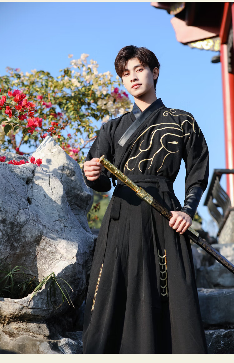 锦衣卫 中国风古装大码交领长袖二件套汉服男生黑色书生剑客古风套装