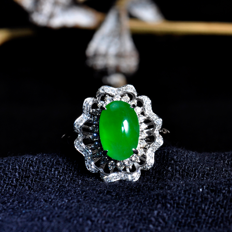 钰品唐天然冰种正阳绿翡翠戒指女k金镶嵌钻石彩宝帝王绿翡翠玉指环