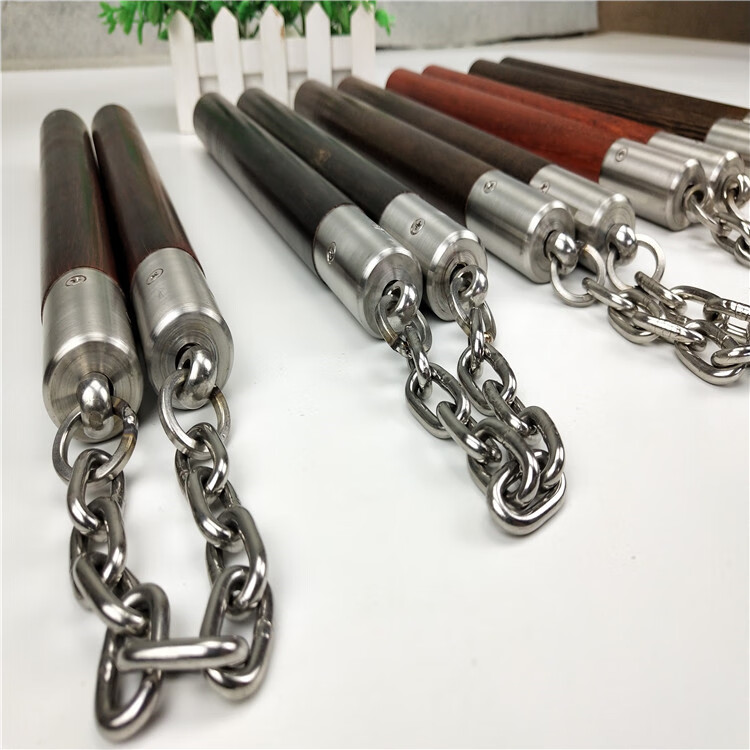 双节棍木质绳索实战实木双截棍防身二节棍短棍两节棍表演乌木钢链款