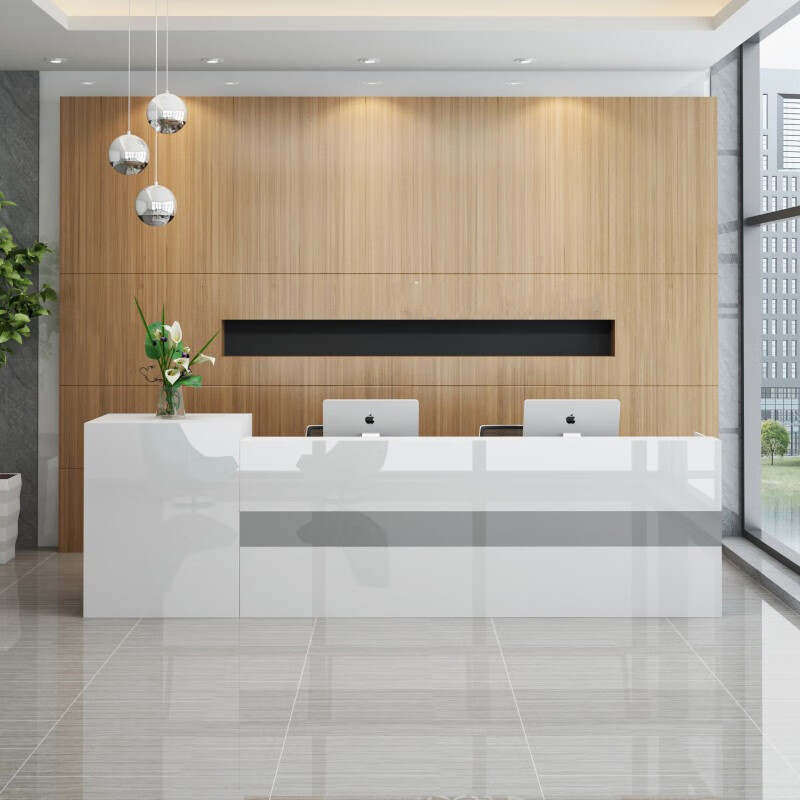 公司前台桌仿大理石烤漆迎宾接待台吧台简约现代收银台转角咨询台亮光