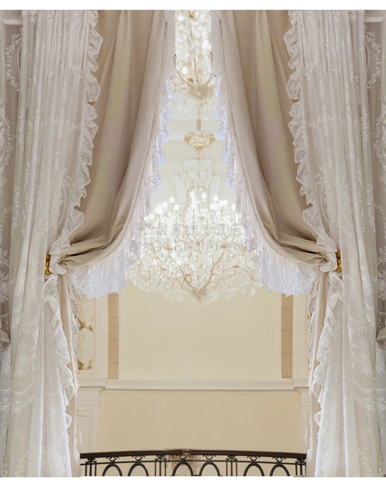 卓尔曼欧式ins美式复古奶茶米色法式风丝绒窗帘蕾丝公主风卧室客厅纱