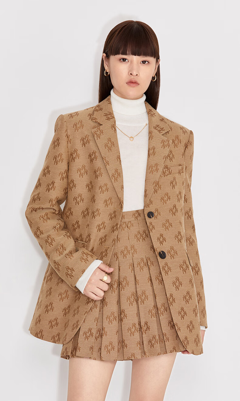 ochirly欧时力新款春装老花提花中长款休闲西装外套女啡色810l