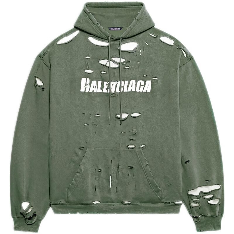 balenciaga巴黎世家长袖连帽卫衣男士破烂褶皱宽松版套头衫棉质印花