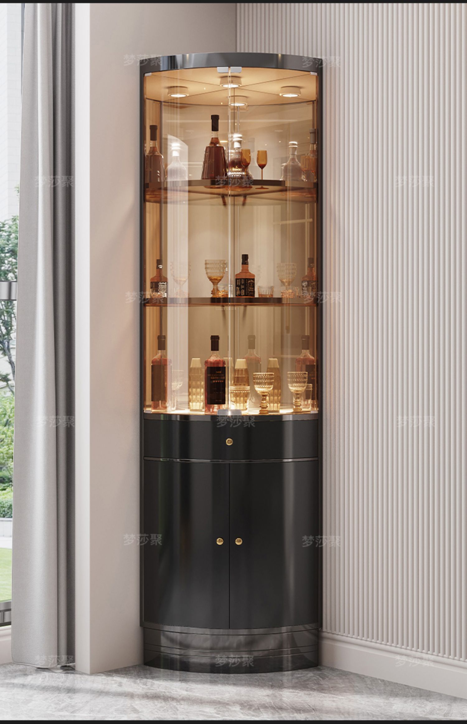 轻奢三角酒柜客厅现代简约靠墙带抽屉角柜不锈钢玻璃门高档墙角柜黑钛