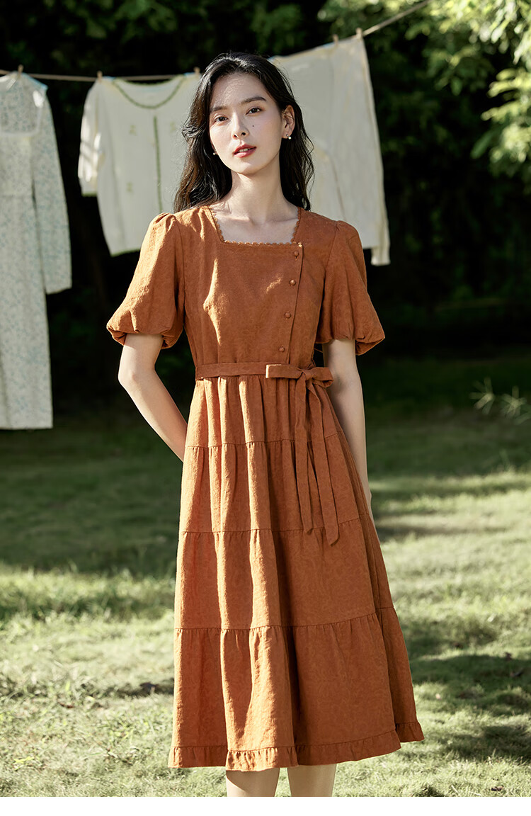 INMAN Summer French Waist-Cinching Jacquard Texture Women's Square Neck Dress, Artistic Style Puff Sleeve Dress, Blue, Size L 12