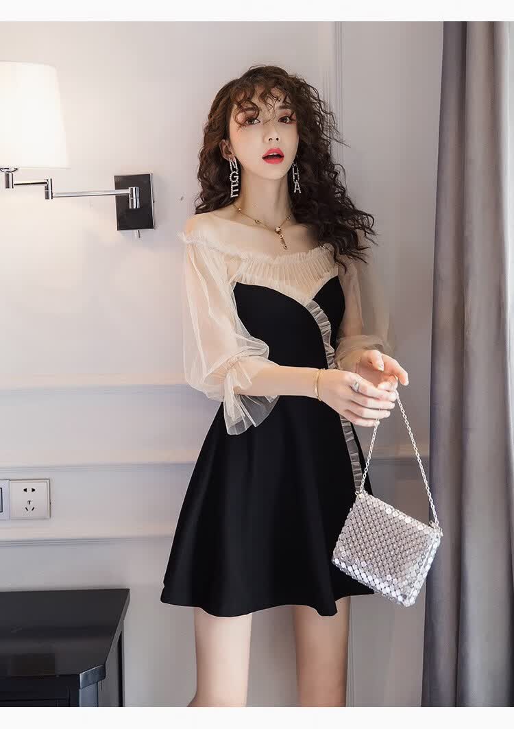 尼格蕾一字肩连衣裙女春秋拼接网纱喇叭袖法式复古女装时尚新款显瘦