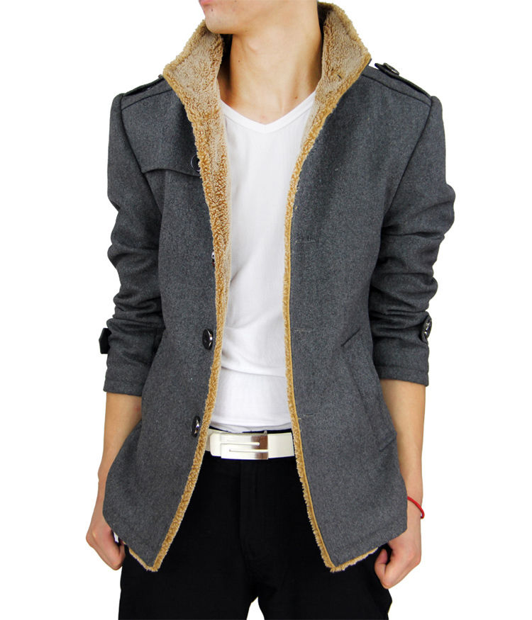 伊路堡 春秋立领羊羔毛男呢料夹克外套男风衣韩版修身男士春秋休闲装