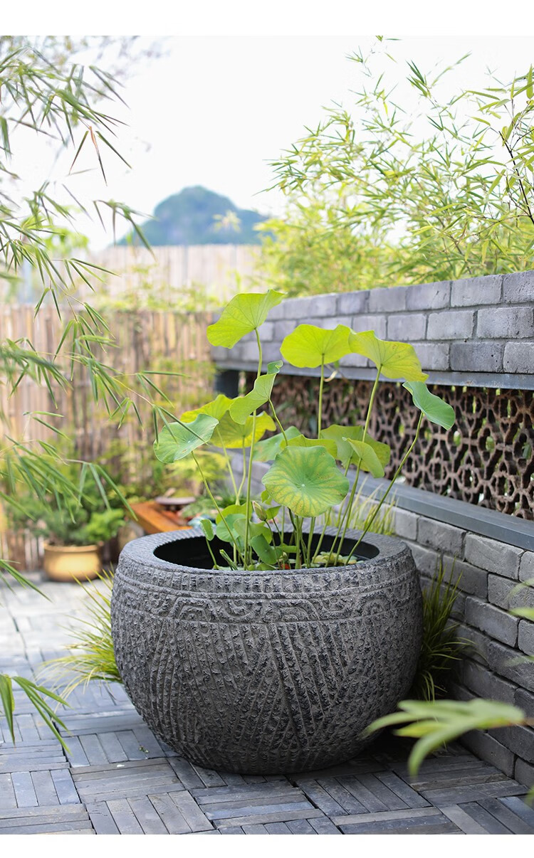 庭院花园摆件造景养鱼种花人造石圆缸仿古圆形大水缸户外装饰鱼池 方