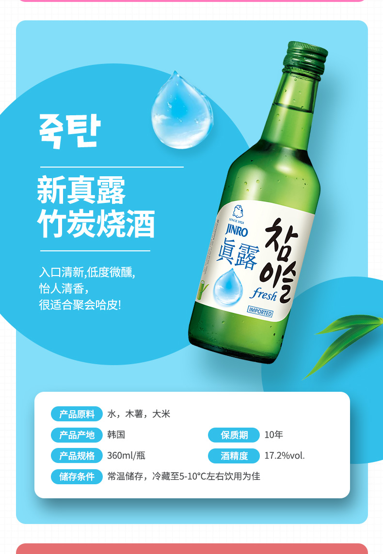 韩国真露烧酒 青葡萄西柚草莓李子果味利口酒竹炭酒非清酒 草莓果味