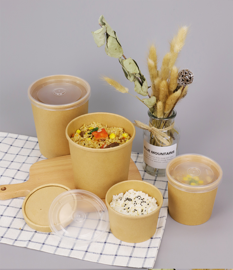 汤杯保温便携大容量一次性牛皮纸汤桶甜品纸碗圆形带盖外卖粥桶快餐盒