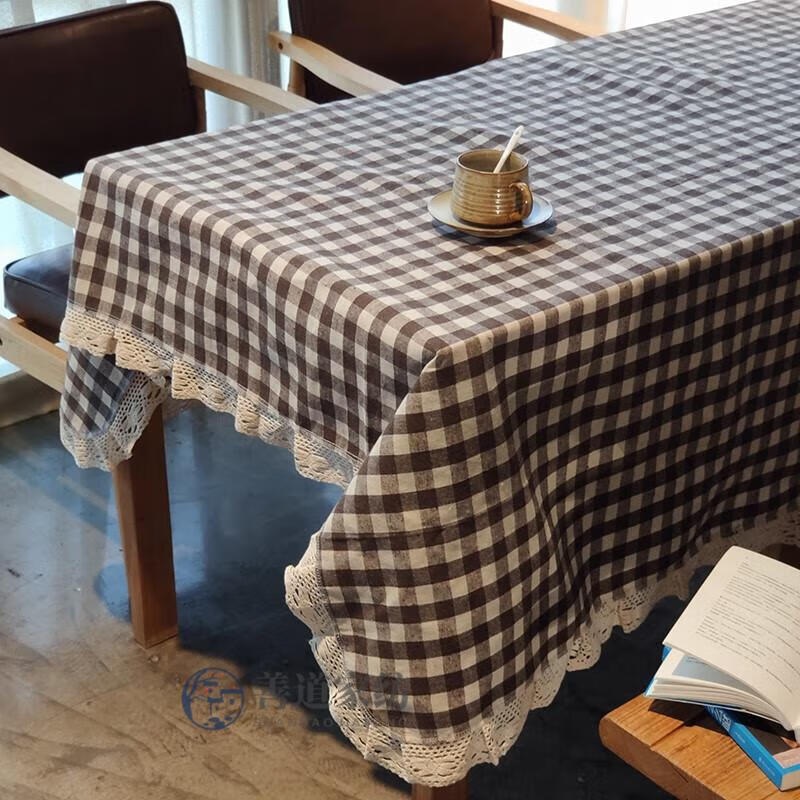 老粗布 蕾丝花边长方形餐桌布 帆布格子图案 日式 黑色格子s239桌布