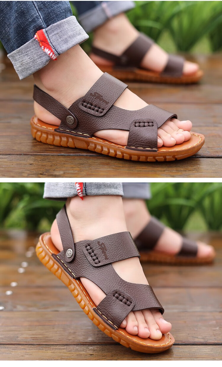 专柜名牌啄木鸟旗舰官方品牌牛筋底凉鞋男 手工牛皮牛筋底男士皮凉鞋